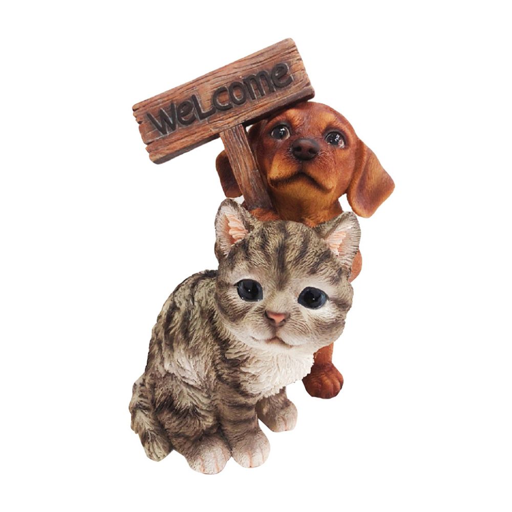 Adorno Bienvenido Perro con gato Resina 16.5cm Orange