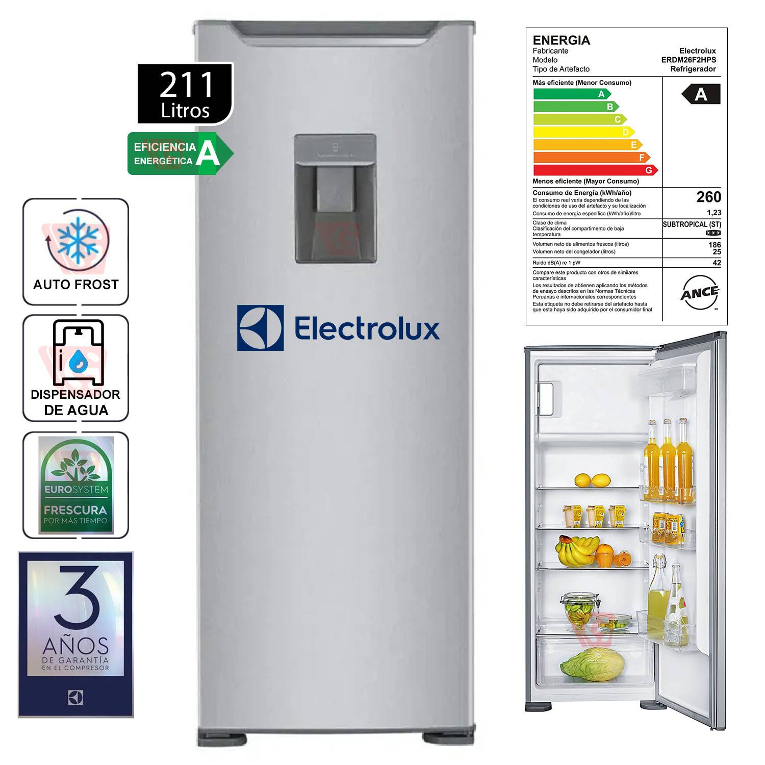Refrigeradora Frost 211 Lts con Dispensador de Agua Electrolux ERDM26F2HPS Gris