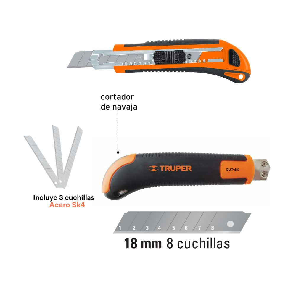 Cutter profesional navaja retráctil 6 + repuesto - truper - Promart