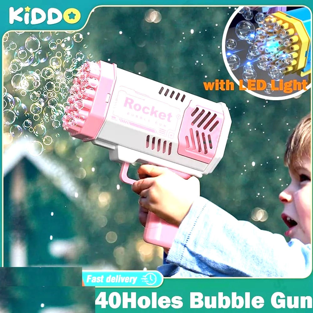 Lanza Cohete Burbujas Rosado/Blanco 40 Agujeros + jabón Líquido Genieka Bazooka