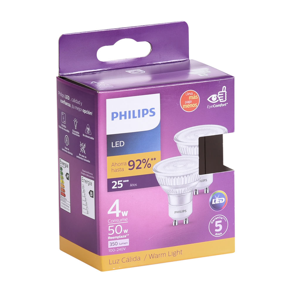 Pack X 2 Focos Led Dicroico Philips Gu10 4w Luz Cálida Promart