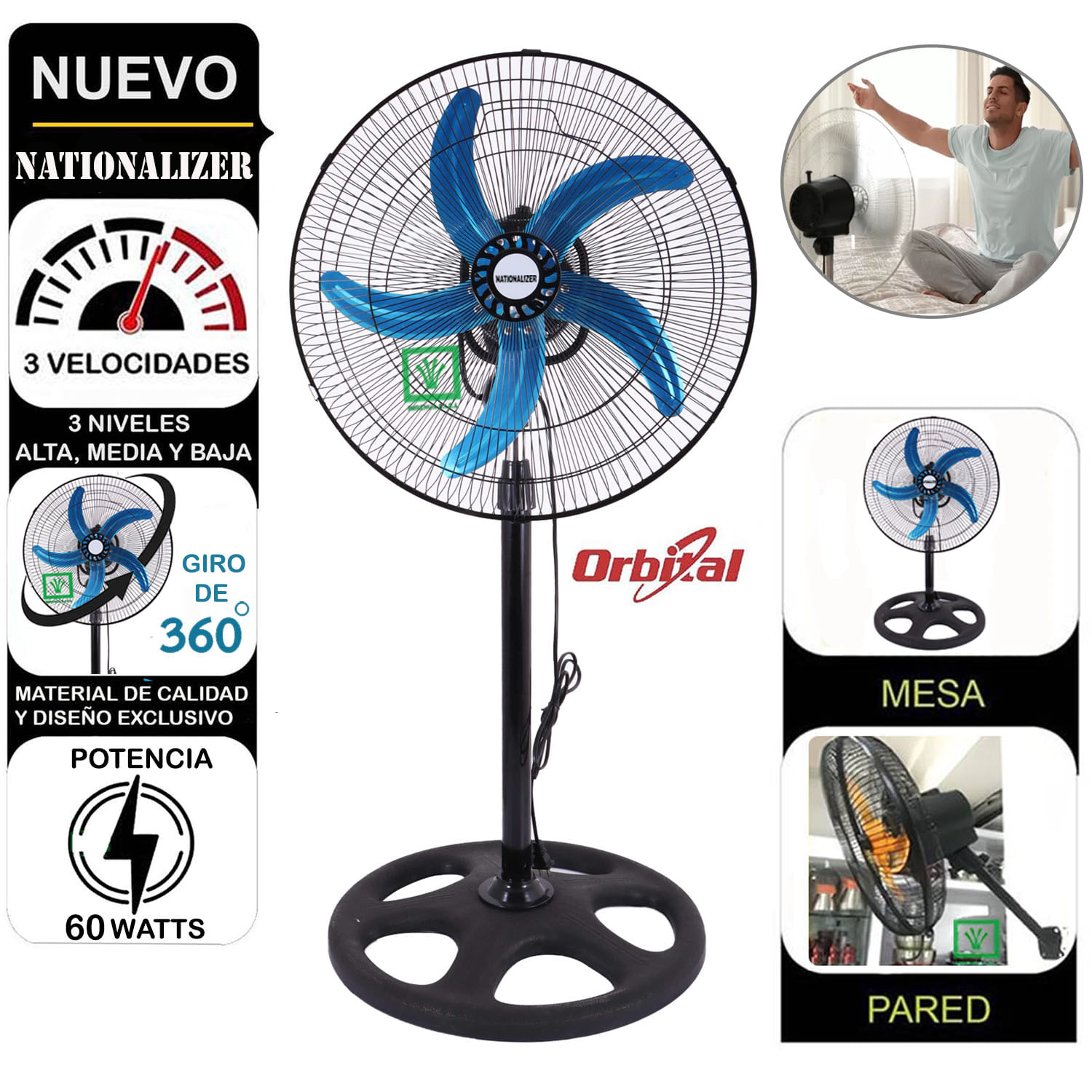 Ventilador 3 en 1 Orbital 18? 60W Nationalizer Negro