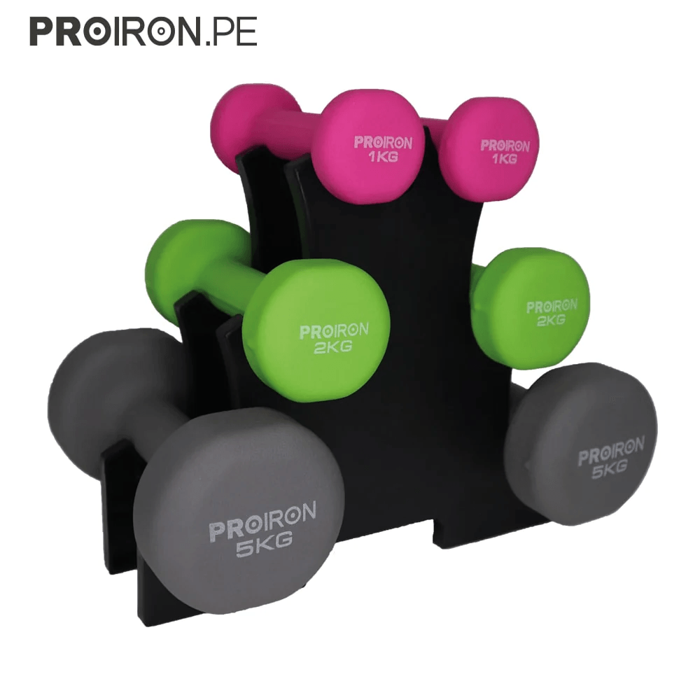 Set de mancuernas de neopreno PROIRON de 1KG celeste, 2KG Y 5KG + Rack