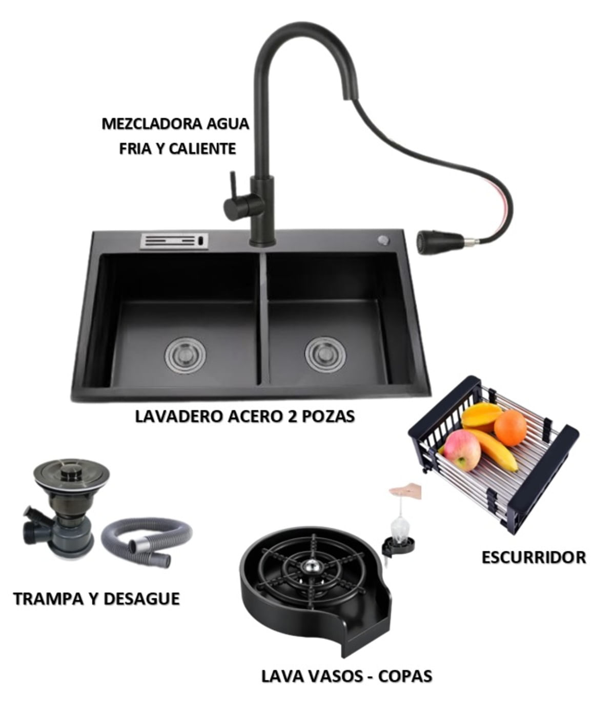Combo Lavadero de Cocina 2 Pozas Negro y Mezcladora Extraible