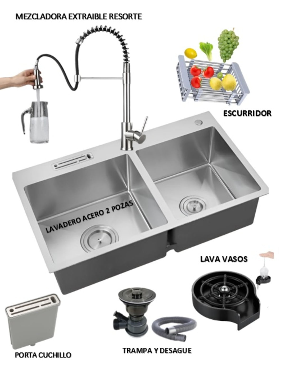 Combo Lavadero de Cocina 2 Pozas + Mezcladora Extraible Resorte