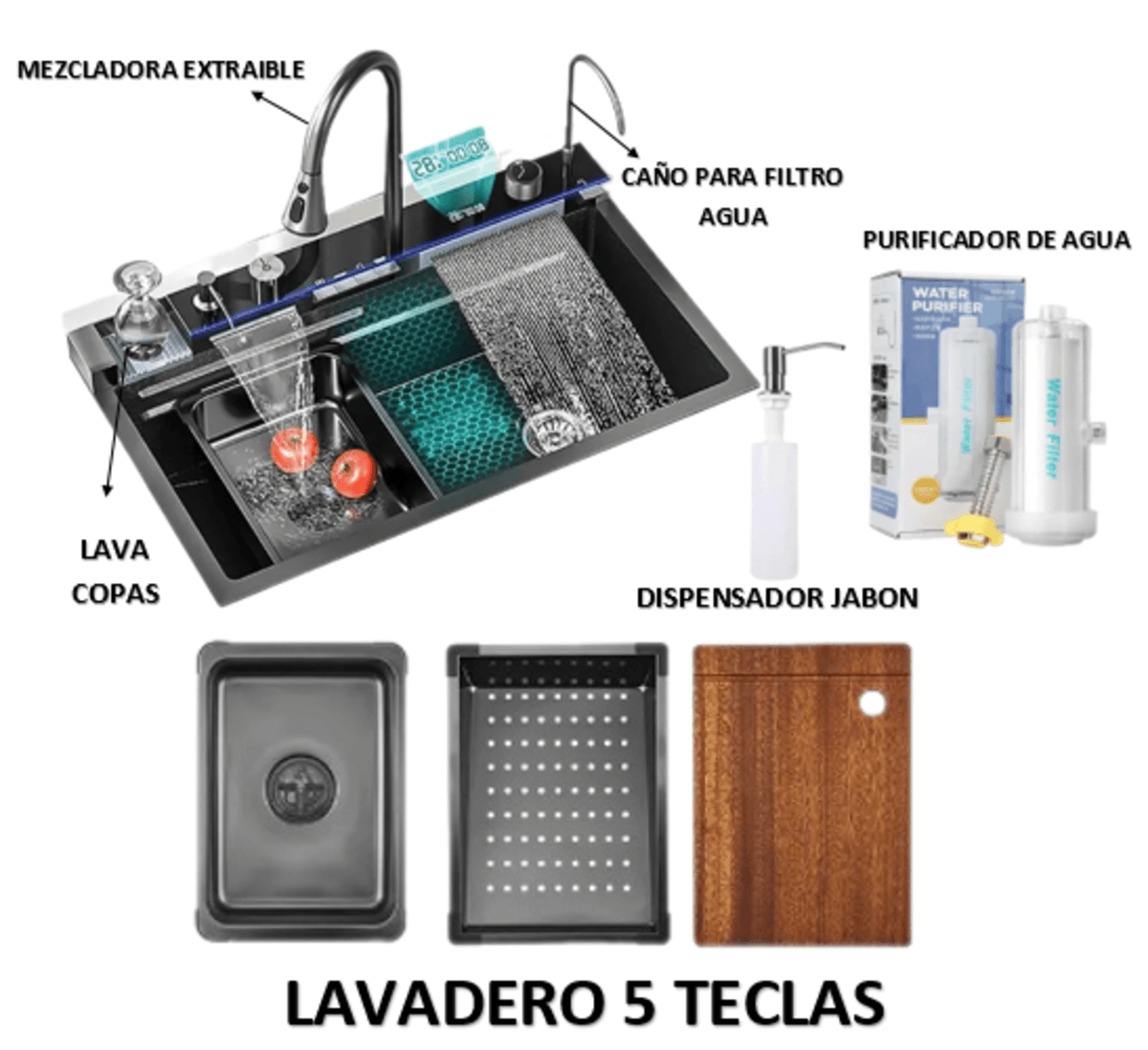 Lavadero Multifuncional de Cocina con Luces 5 Teclas + Mezcladora