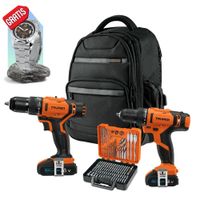 Taladro percutor atornillador 20V y 12V +100 brocas  +mochila Truper