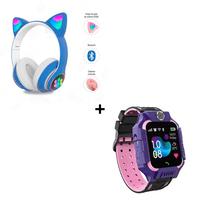 Combo Audífonos Orejas de Gato Color Azul + Smartwatch Gps para Niños Morado