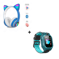 Combo Audífonos Orejas de Gato Color Azul + Smartwatch Gps para Niños Verde