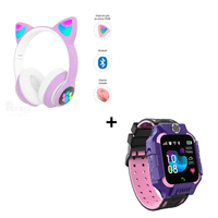 Combo Audífonos Orejas de Gato Color Morado + Smartwatch Gps para Niños Morado