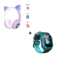 Combo Audífonos Orejas de Gato Color Morado + Smartwatch Gps para Niños Verde