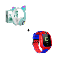 Combo Audífonos Orejas de Gato Color Verde + Smartwatch Gps para Niños Rojo