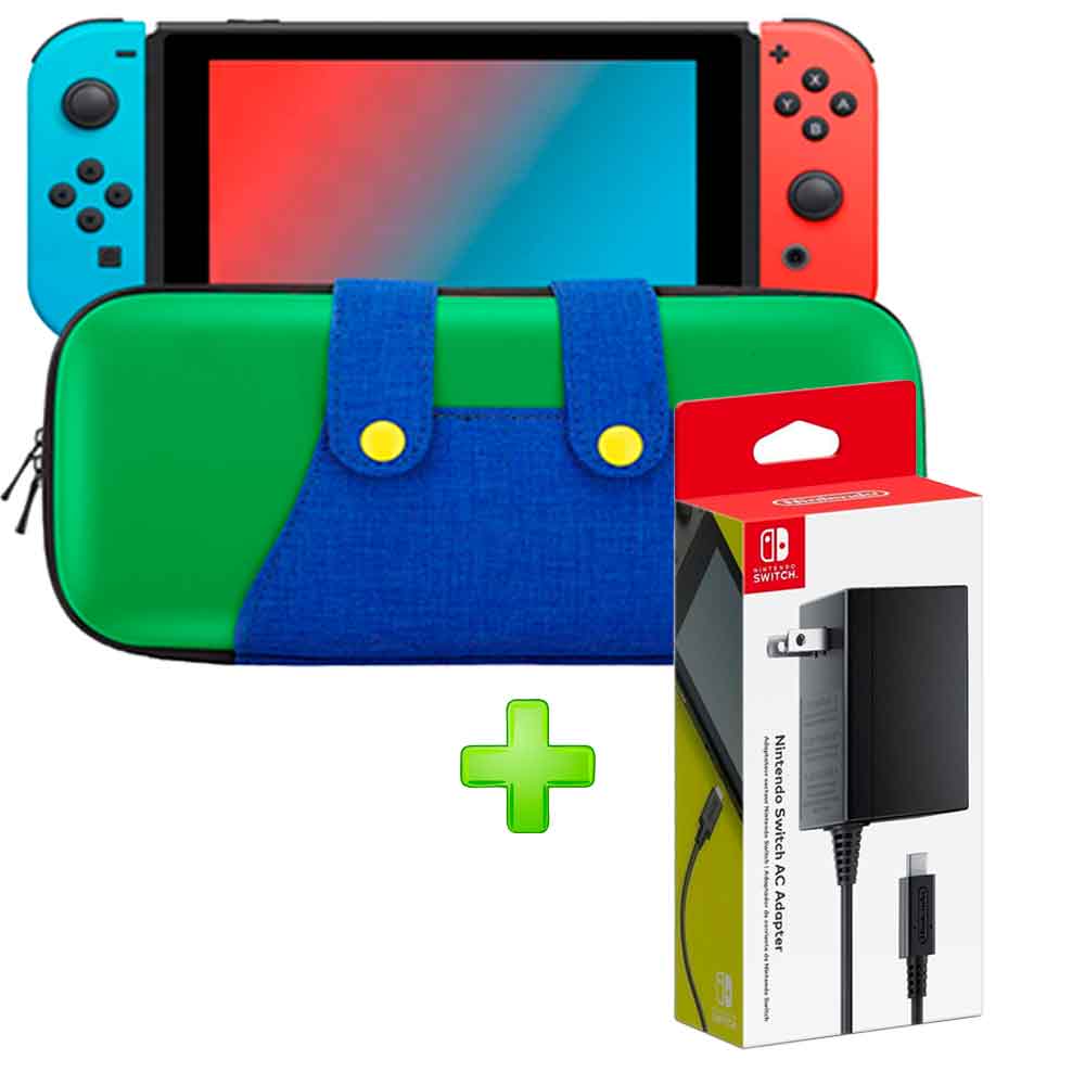 Pack Estuche Switch y Oled Luigi VerdeAzul Cargador Original