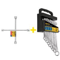 Llave de ruedas Cruz 14"" +llaves mixtas combinadas 9 piezas, Pretul