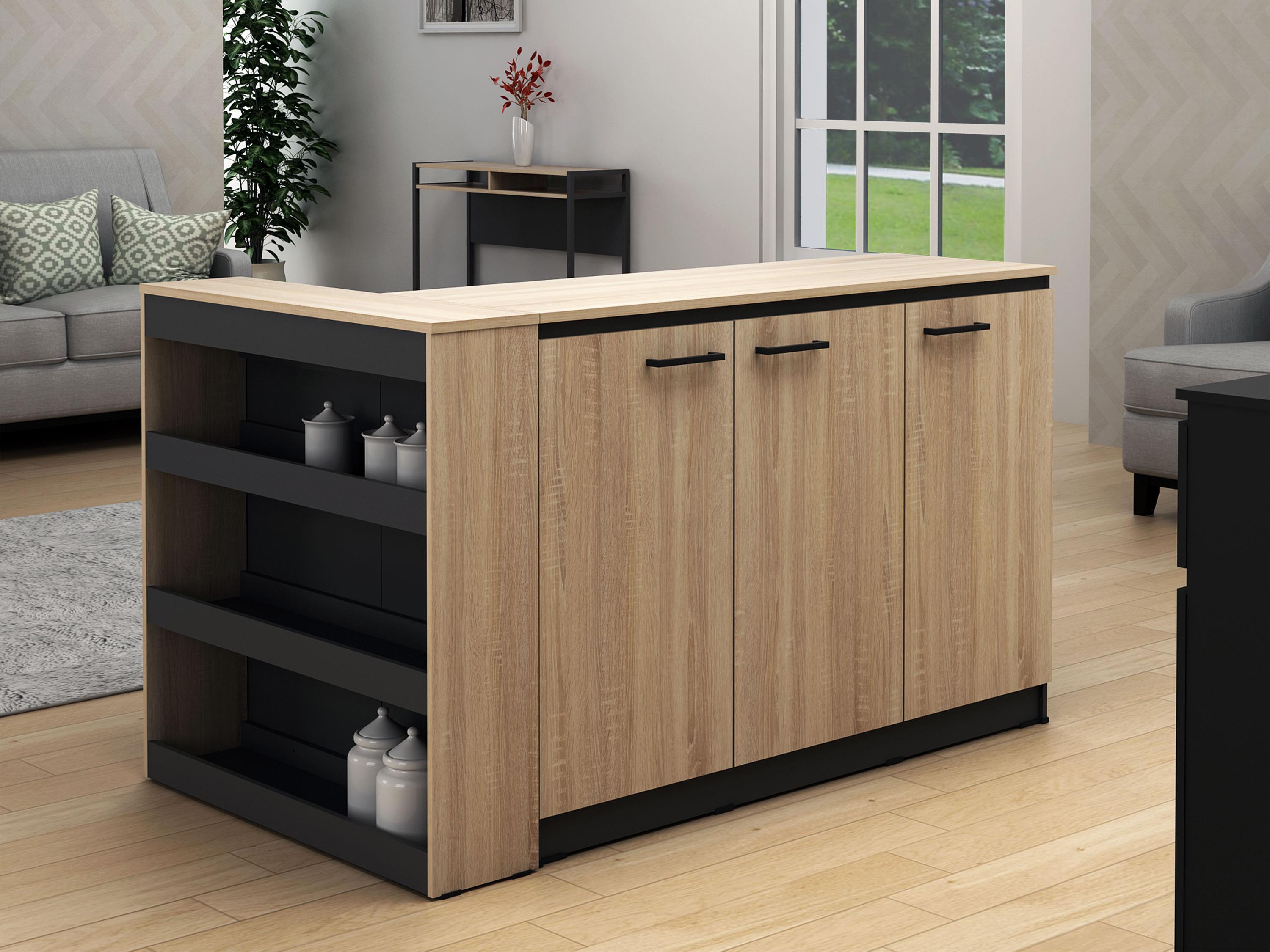 Isla Central de Cocina Apolonia +  2 banquetas color Roble/Negro TU MESITA 3 puertas