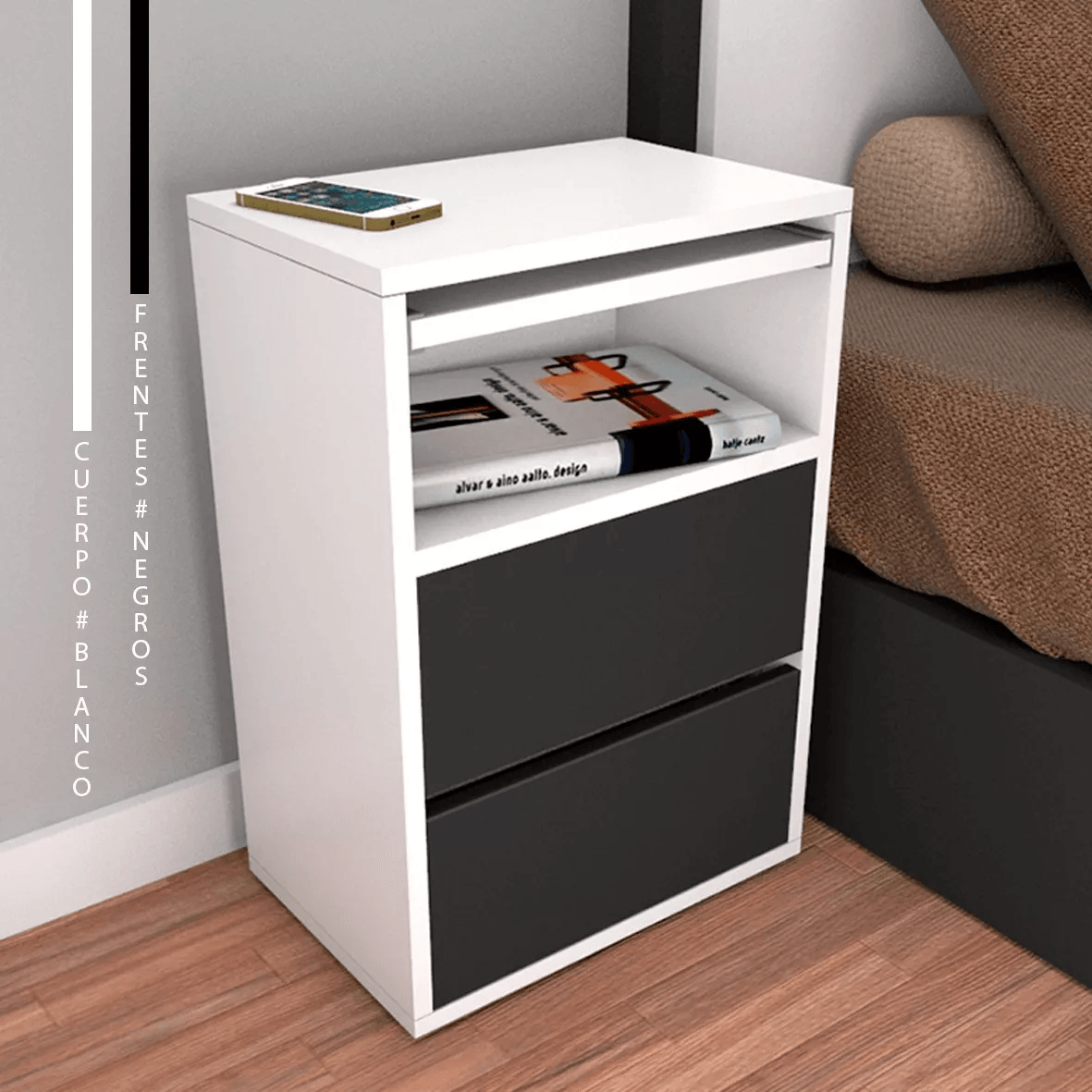 Velador Mesa de Noche Atacama con Desayunador color Blanco/Negro TU MESITA
