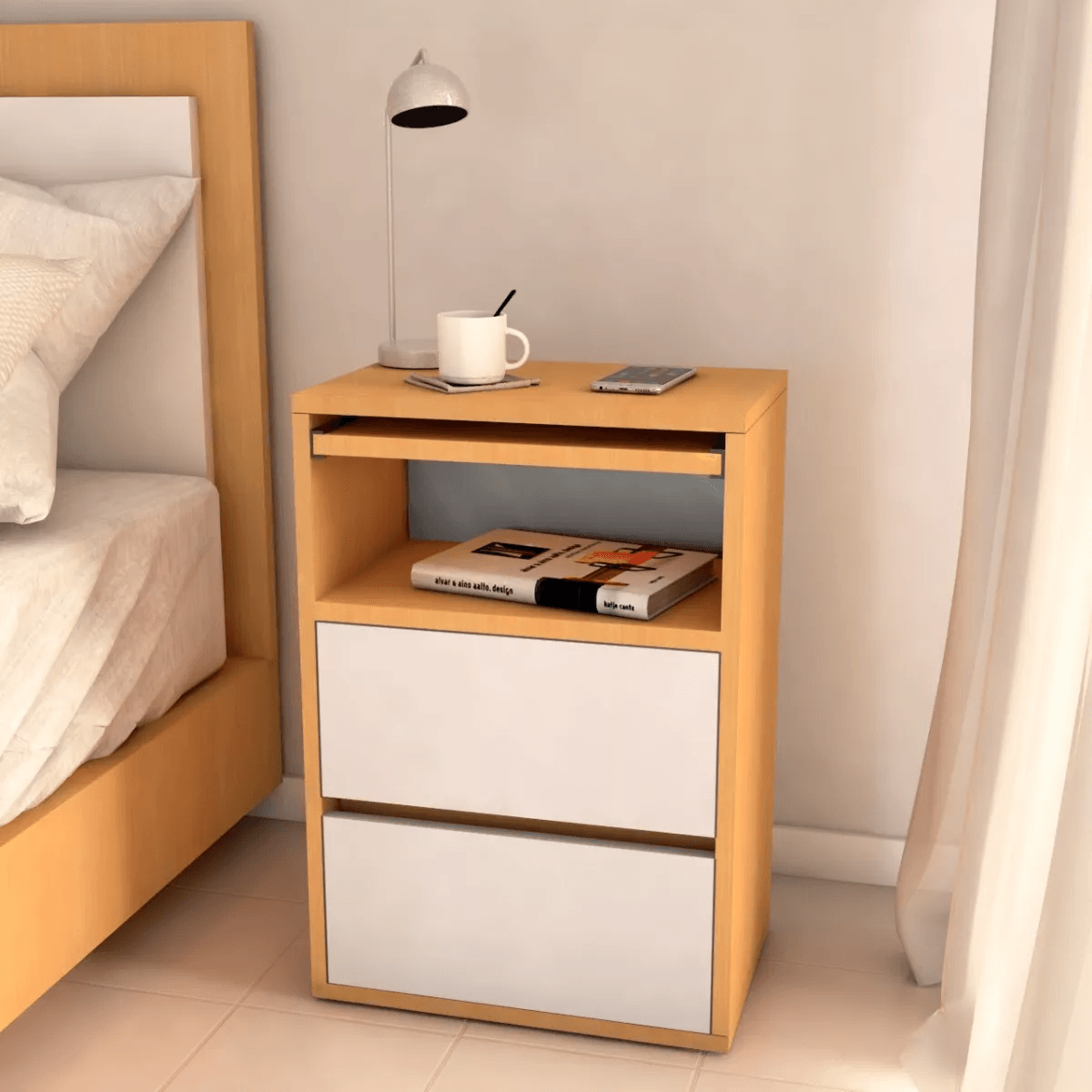 Velador Mesa de Noche Atacama con Desayunador color Blanco/Haya TU MESITA