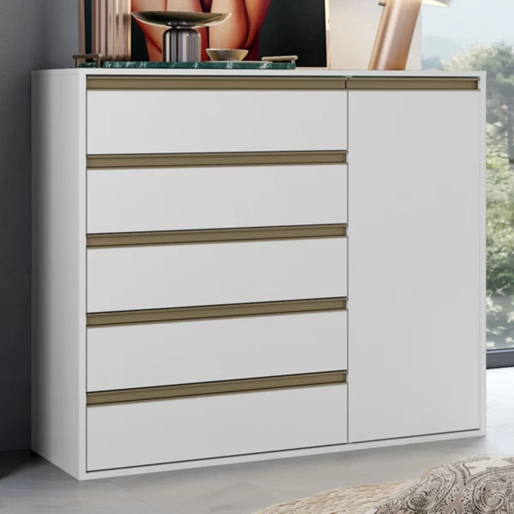 Cómoda Clásica Chiapas color Blanco 5 cajones 1 puerta TU MESITA