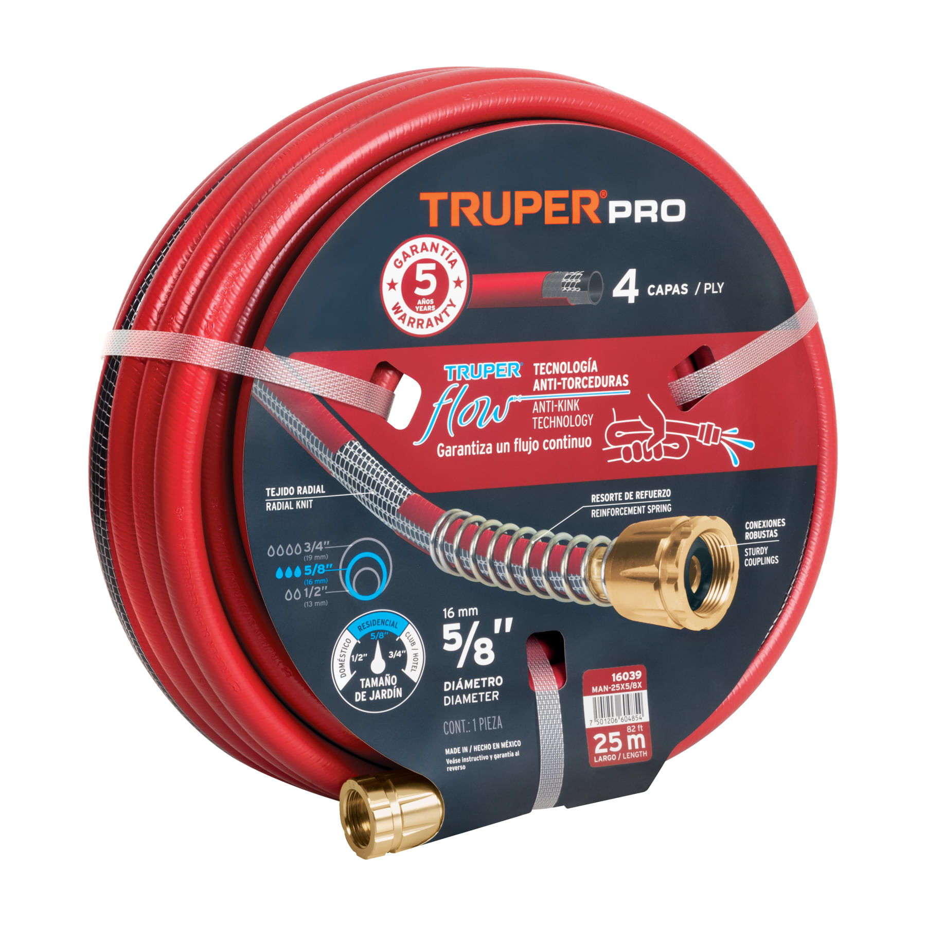 Manguera 5/8" super reforzada 4 capas 25 m conexiones metal Truper 16039