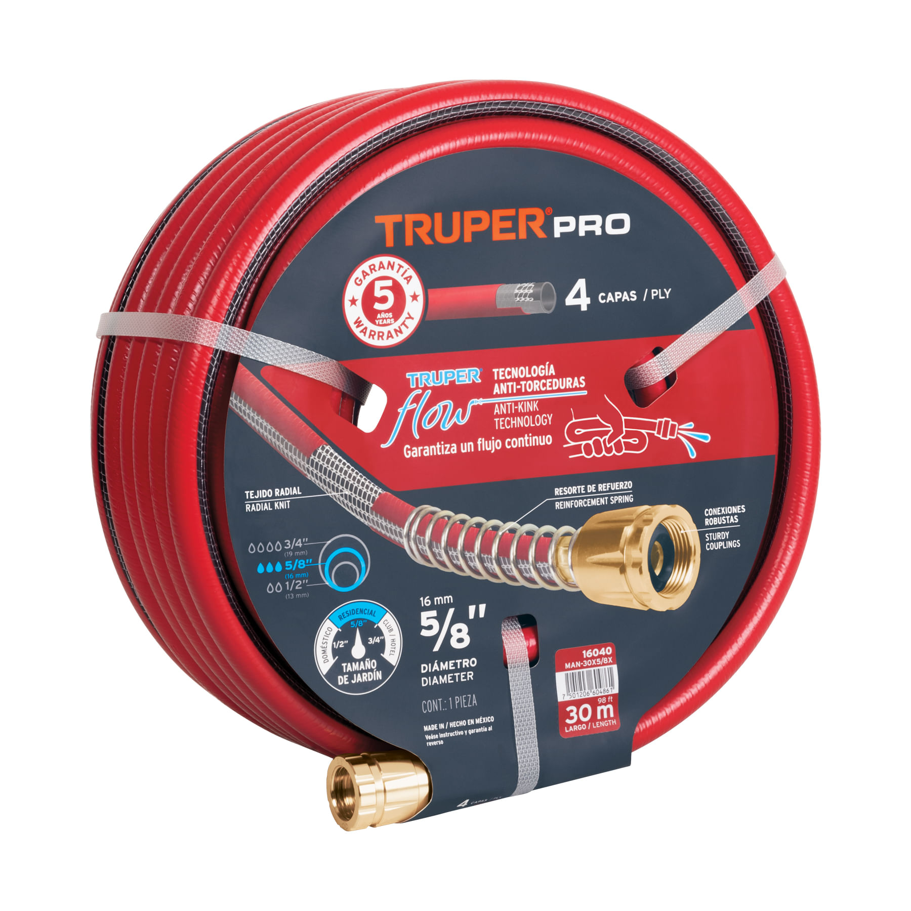 Manguera 5/8" super reforzada 4 capas 30 m conexiones metal Truper 16040