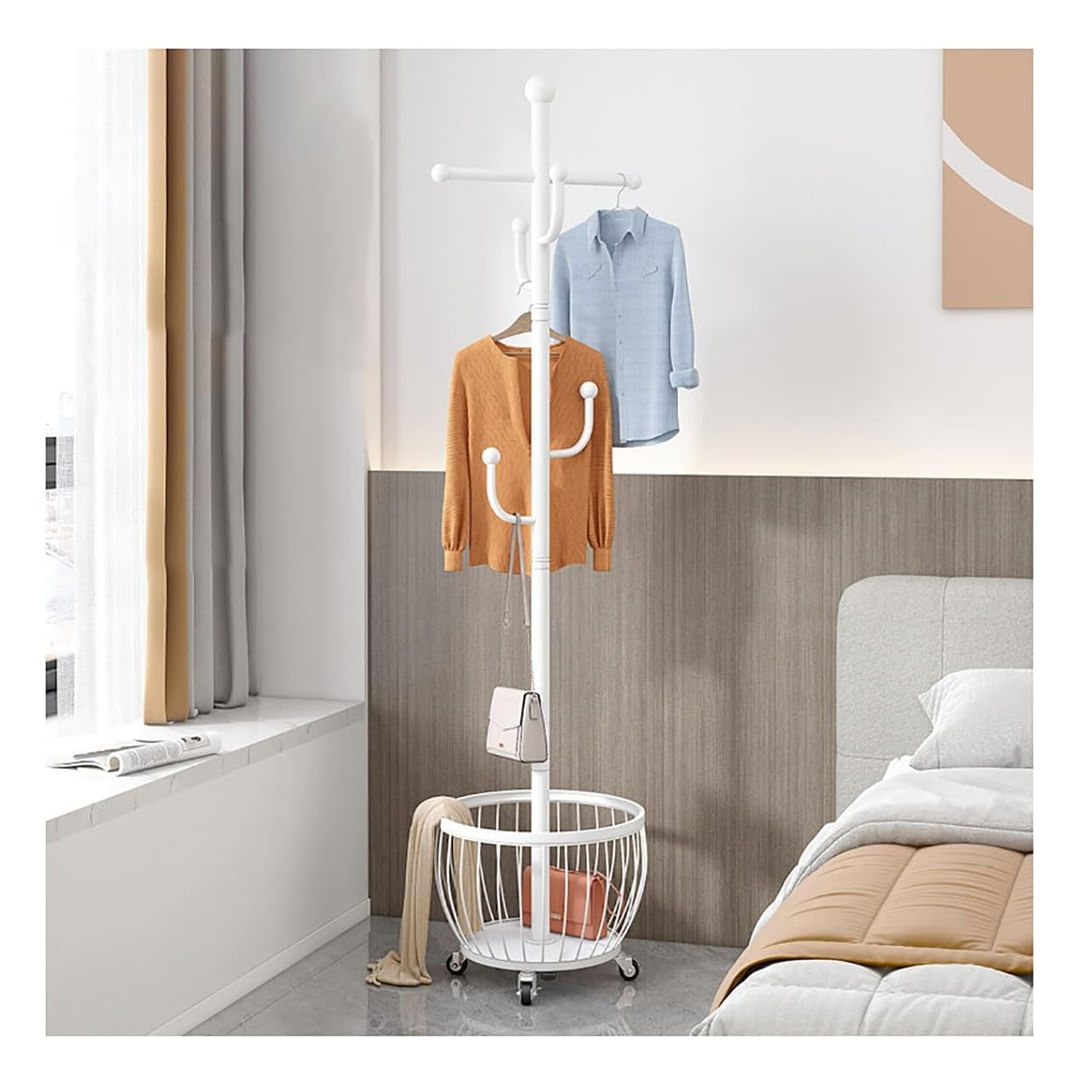 Perchero Colgador Organizador Ropa Elegante Con Ruedas y Canastilla Blanco