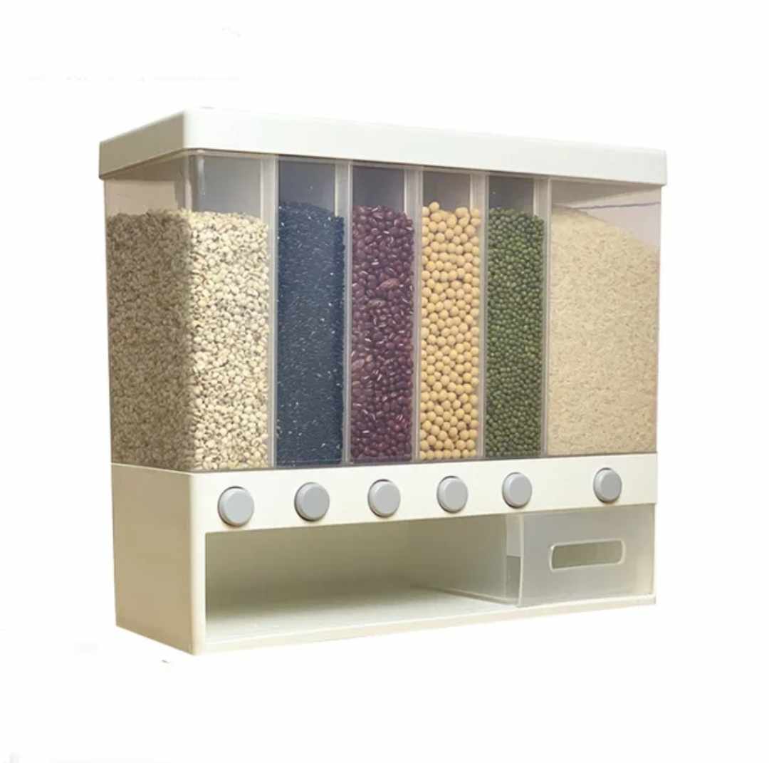 Dispensador de Arroz  Menestras Cereales de 6 Divisiones para Cocina