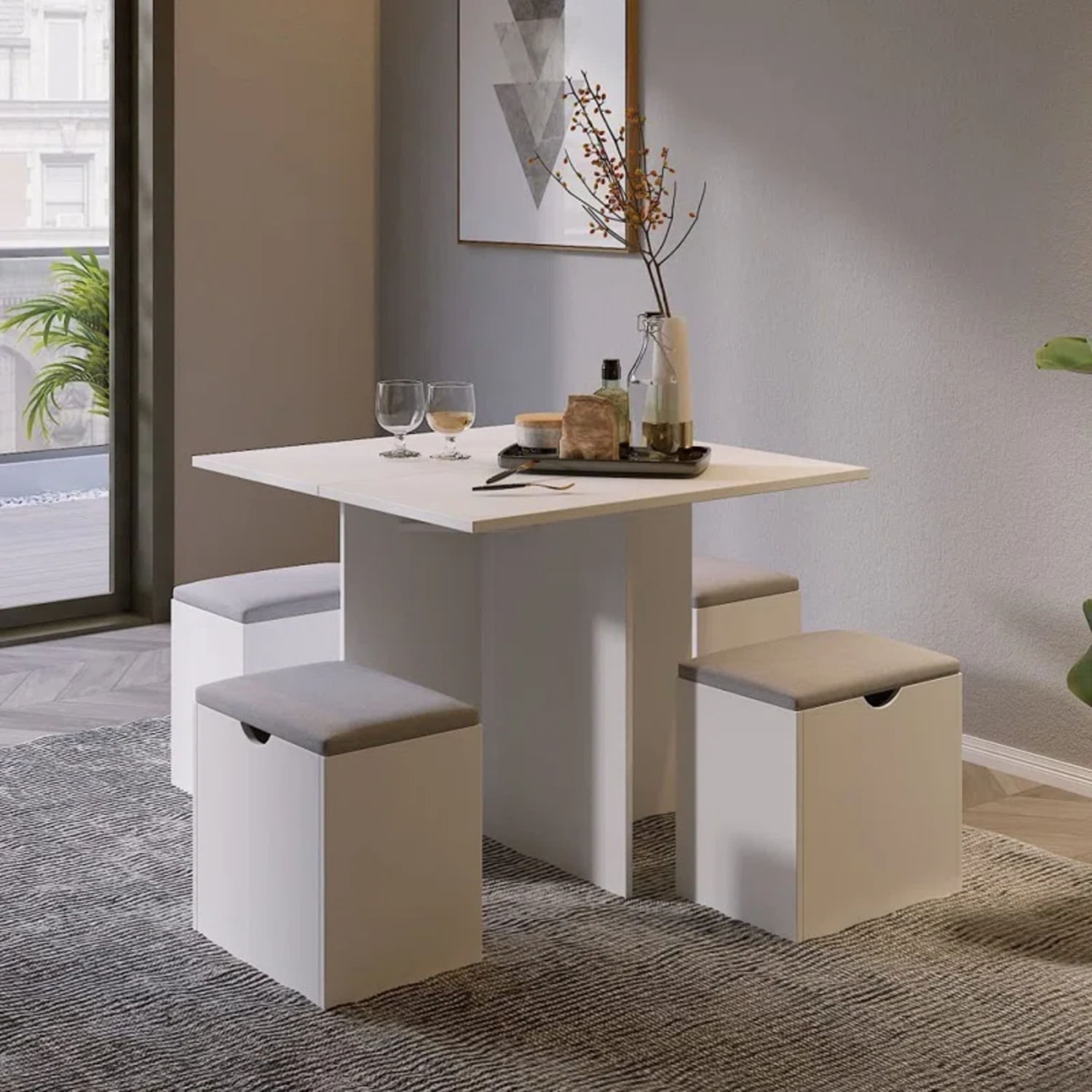 Juego de Comedor con 4 Bancos Moderno Katty Blanco R&R MUEBLES