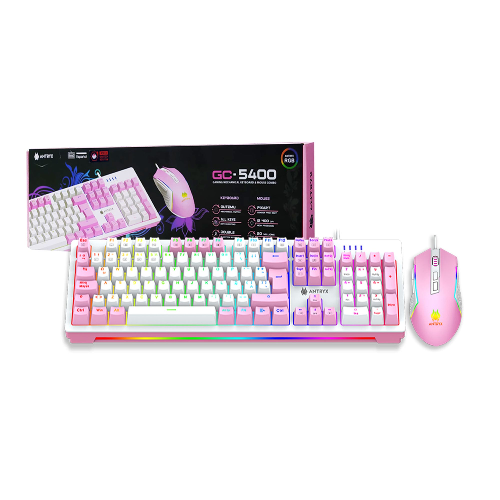 Kit Gaming Antryx Teclado Mecanico + Mouse Gc-5400 Rosado Switch Red