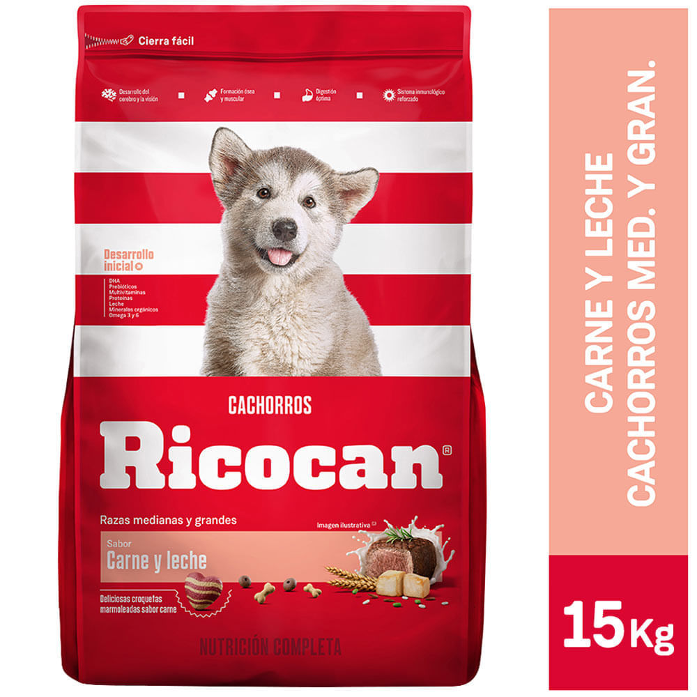 Comida para Perros RICOCAN Cachorros Razas Medianas y Grandes Carne y Leche Bolsa 15Kg