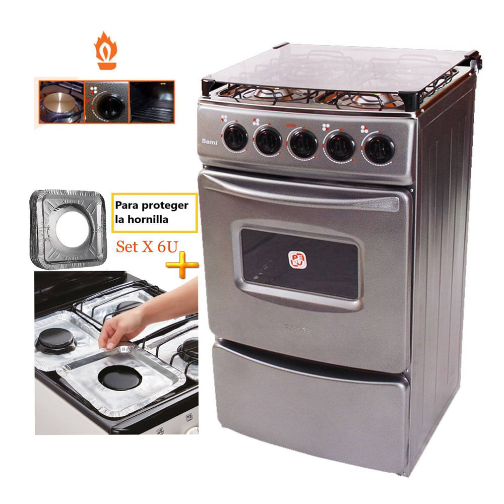 Cocina Fadic con tapa de vidrio y horno Sami 4h Gris +Protector