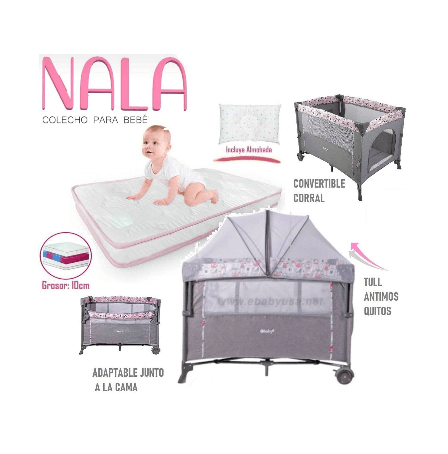 Cuna Corral Ebaby Colecho NALA Rosado y Colchón Rosado