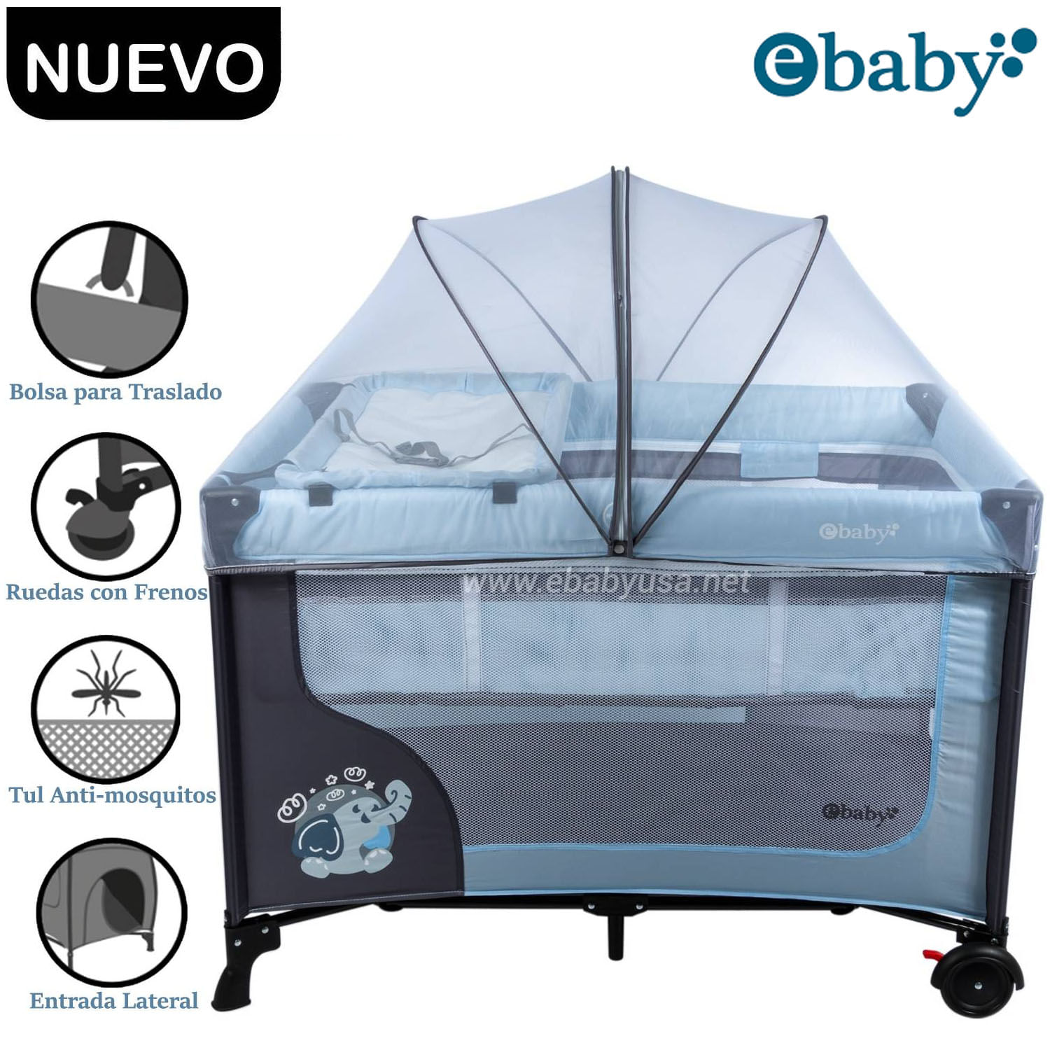 Cuna Corral Ebaby Con Cambiador Happy Dream Celeste