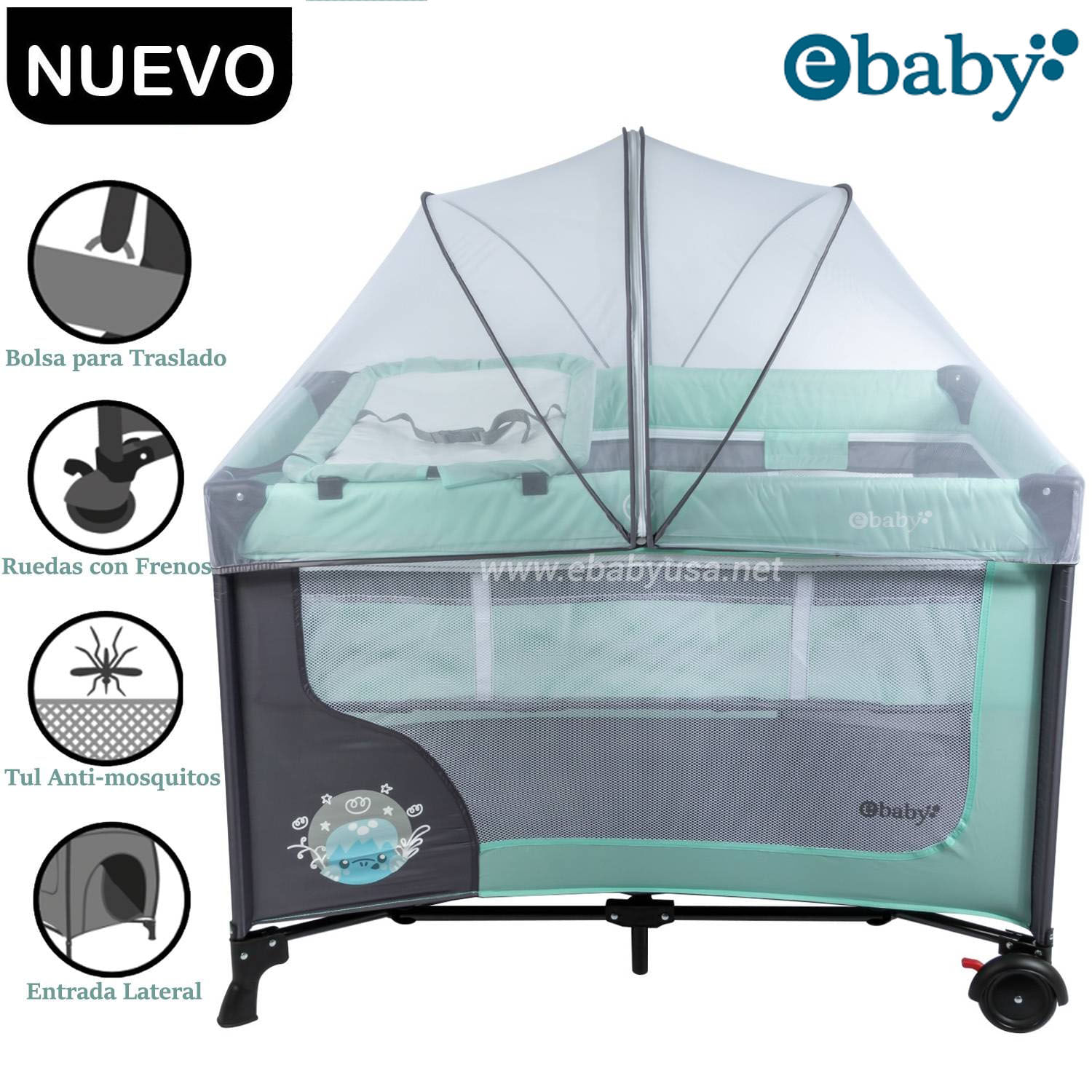 Cuna Corral Ebaby Con Cambiador Happy Dream Verde