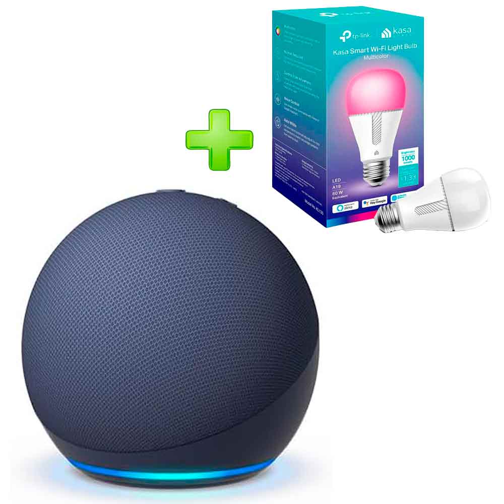 Pack Echo Dot 5ta Gen Parlante Alexa Azul + Foco Led TP-Link 60W Multicolor KL135