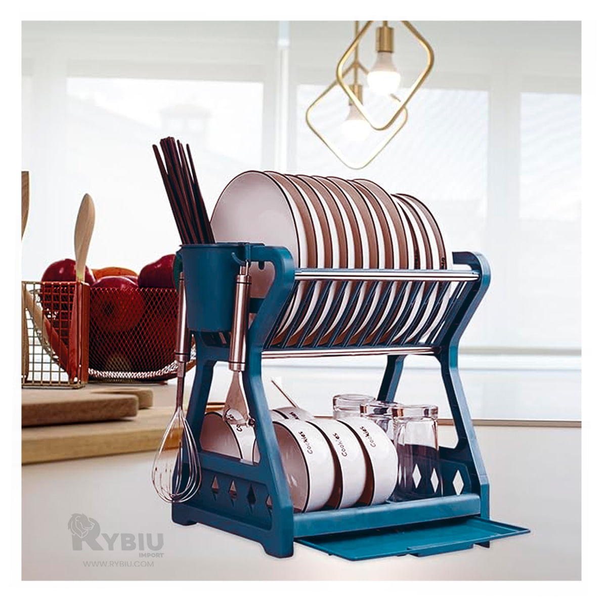 Escurridor de Platos con 2 Niveles Hecho de Plastico Azul