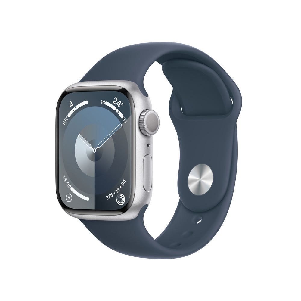 Apple Watch Series 9 GPS - Caja de aluminio plata 41 mm - Correa deportiva azul tempestad - Talla M/L