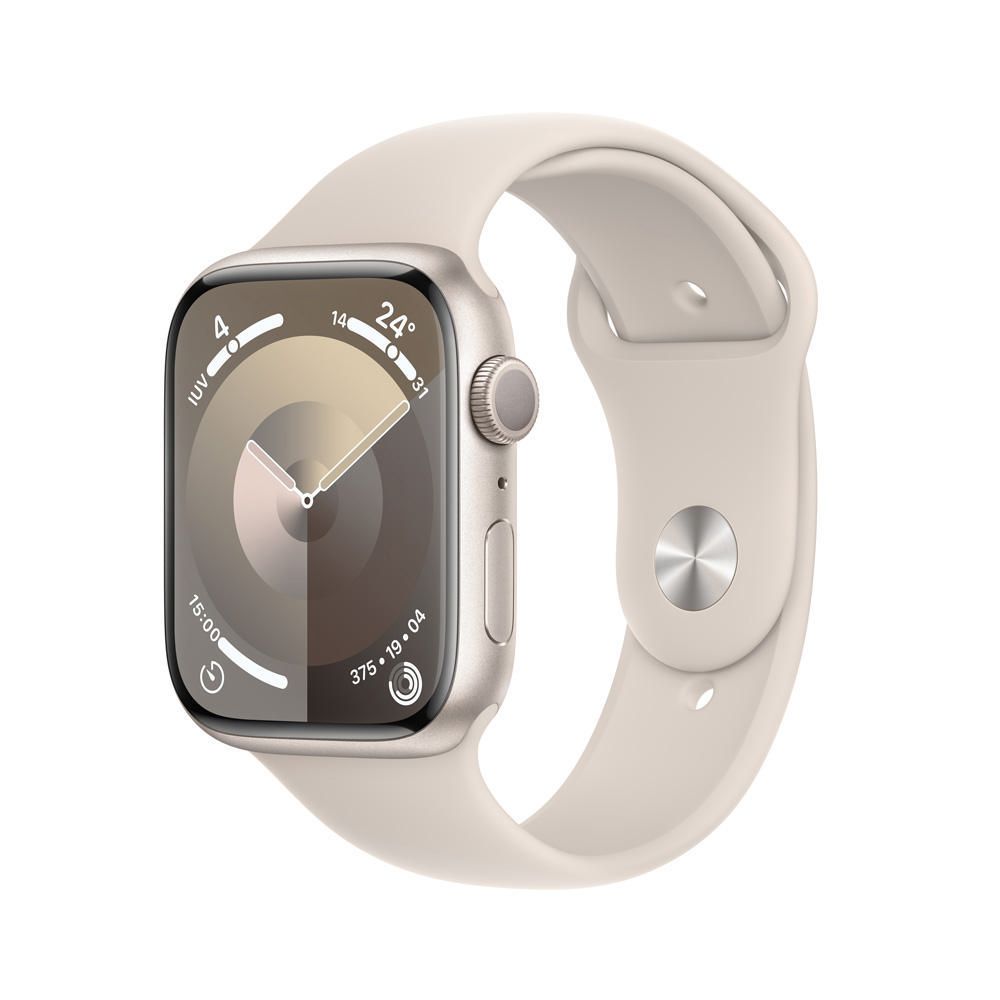 Apple Watch Series 9 GPS - Caja de aluminio blanco estrella 45 mm - Correa deportiva blanco estrella - Talla M/L