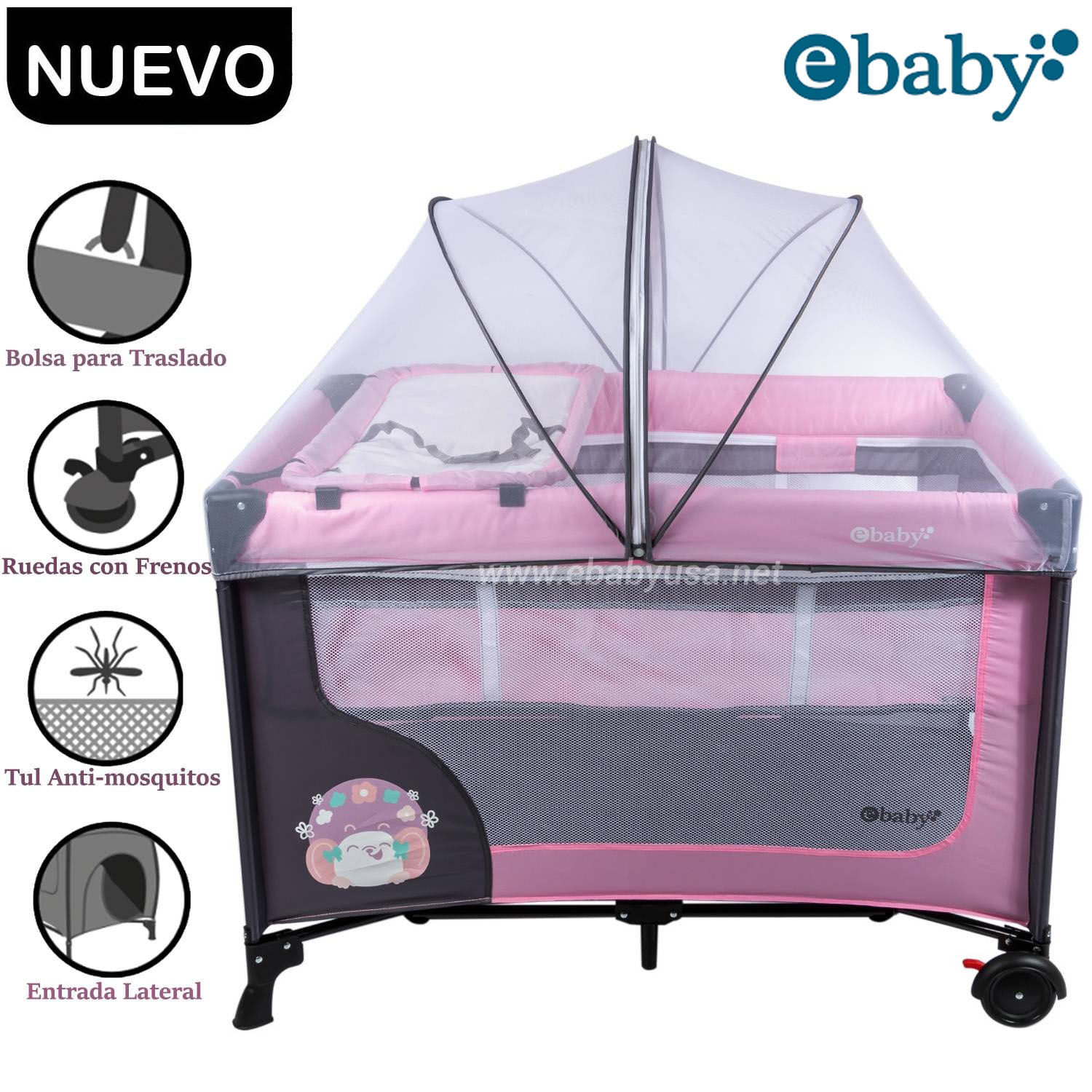 Cuna Corral Ebaby Con Cambiador Happy Dream Rosado