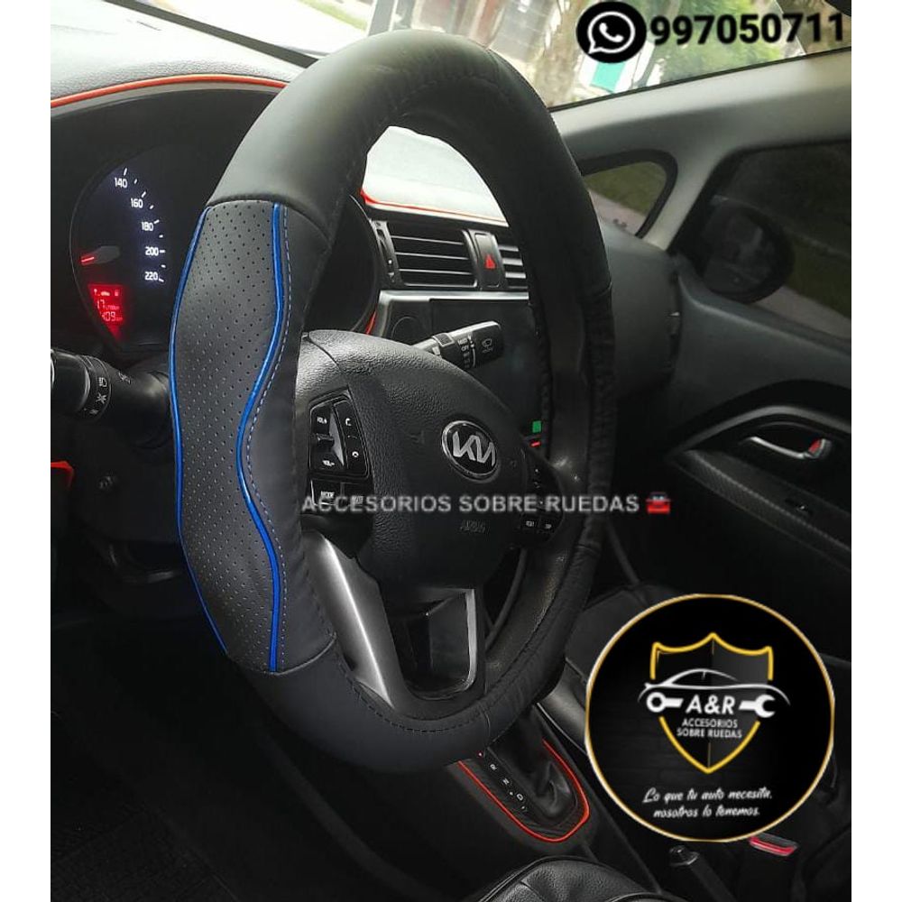 Funda de Timon de CUERO de Auto y Camioneta color NEGRO con AZUL