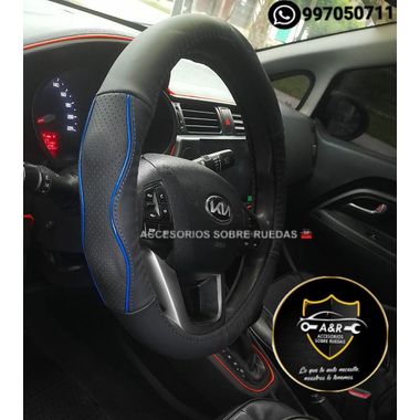 Funda de Timon de CUERO de Auto y Camioneta color NEGRO con AZUL