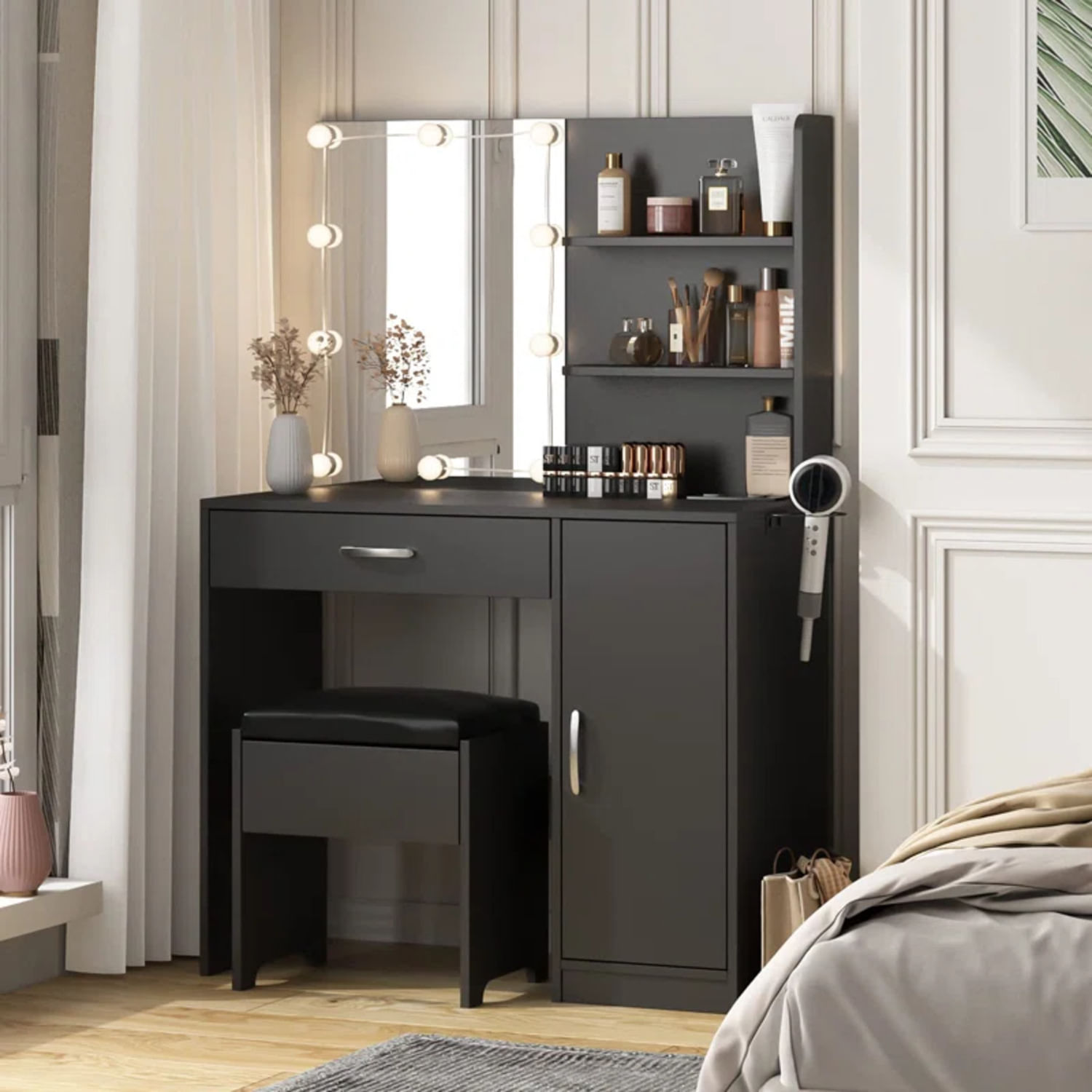 Tocador con Banqueta Moderno Stevan Negro R&R MUEBLES