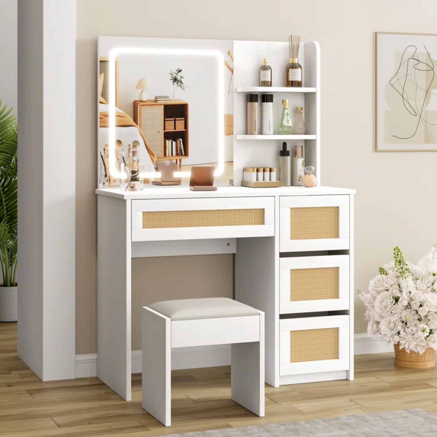 Tocador con Banqueta Moderno Micaela Blanco R&R MUEBLES