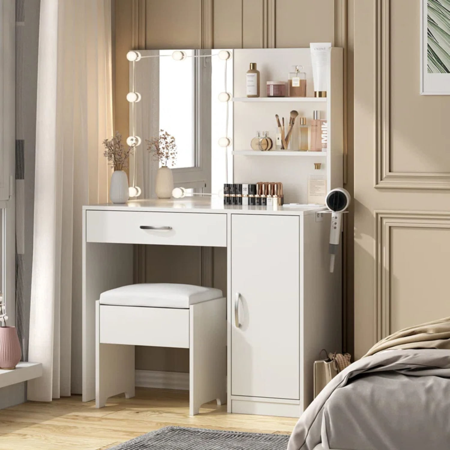 Tocador con Banqueta Moderno Stevan Blanco R&R MUEBLES