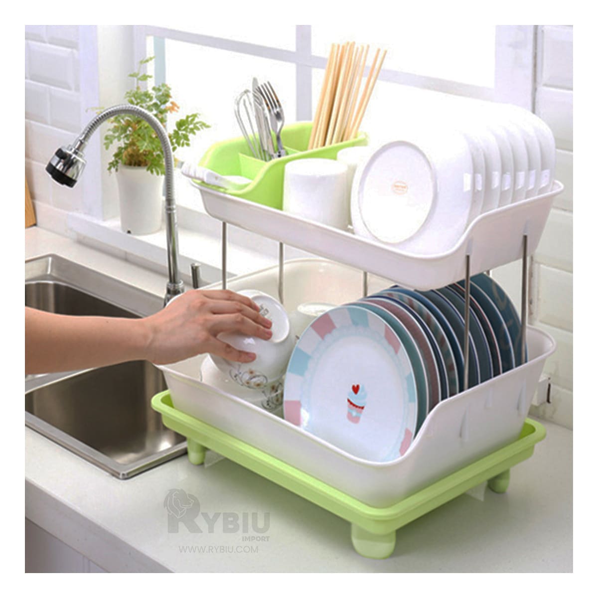 Escurridor de Platos de 2 Niveles Plastico Duradero en Verde