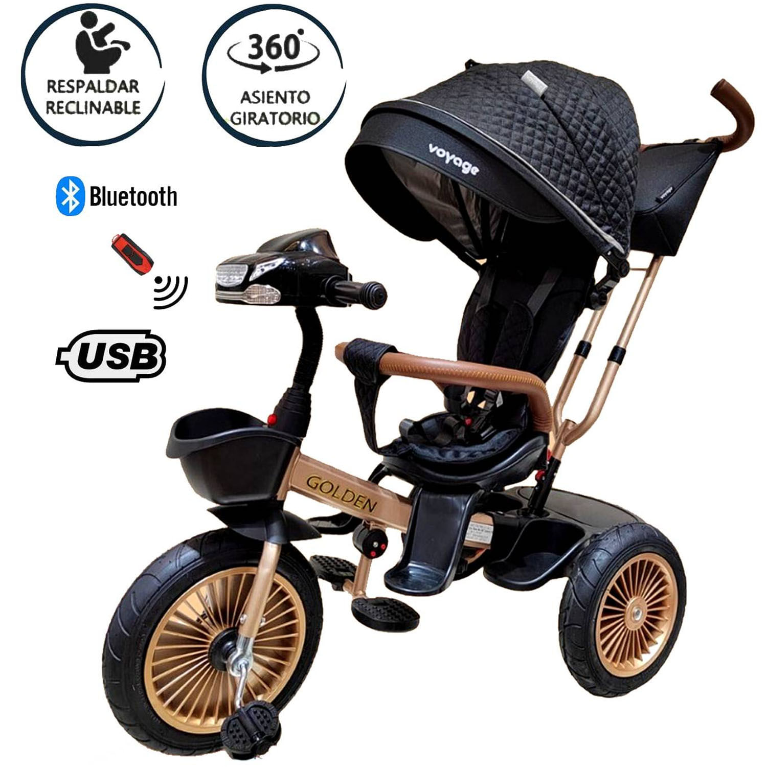 Triciclo Asiento Giratorio Voyage Golden con Tela UV Negro