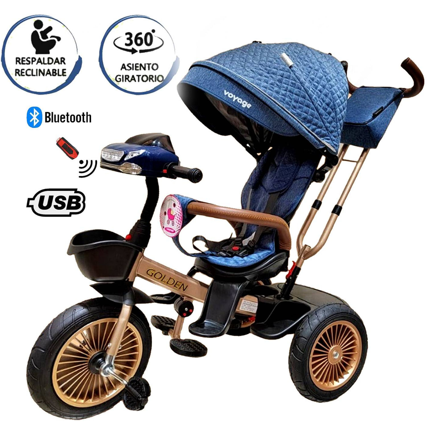 Triciclo Asiento Giratorio Voyage Golden con Tela UV Azul