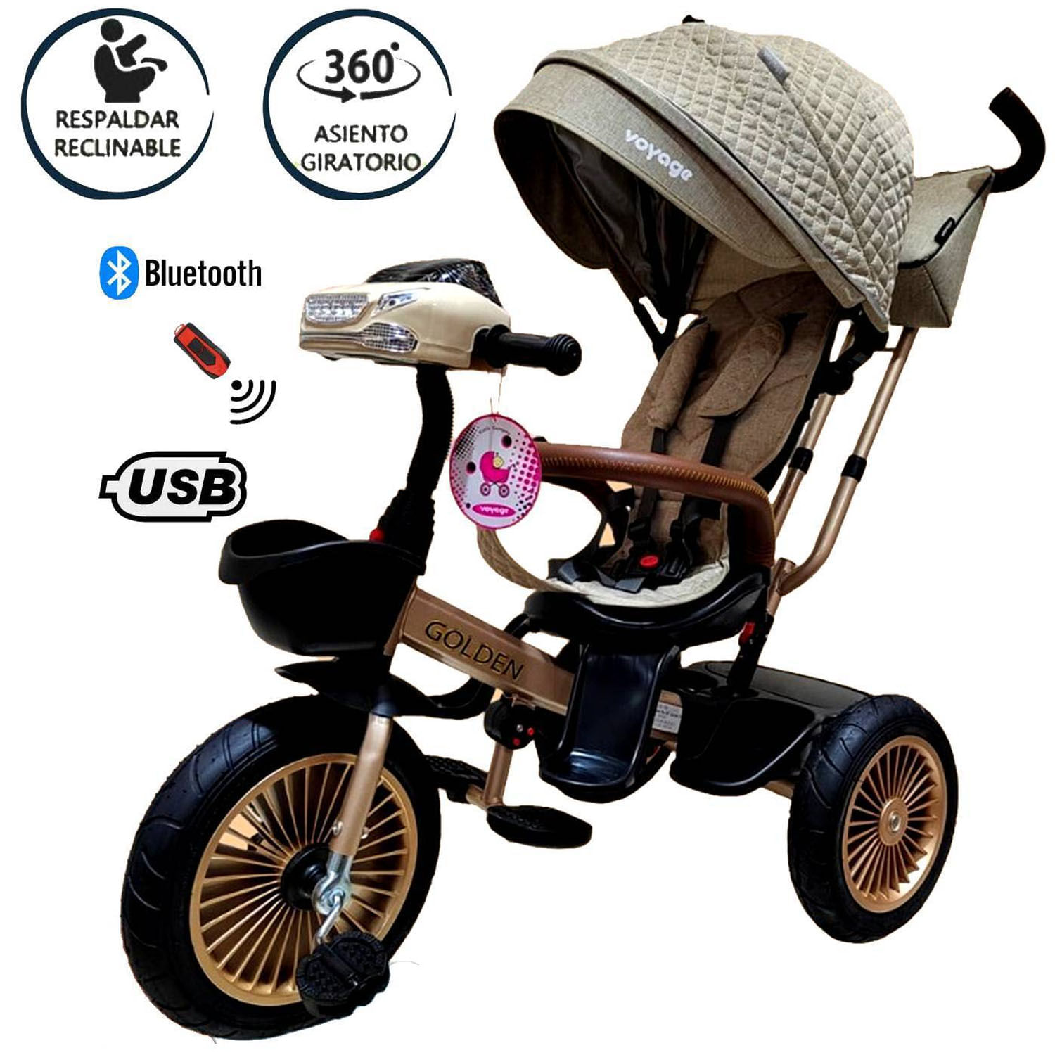 Triciclo Asiento Giratorio Voyage Golden con Tela UV Beige