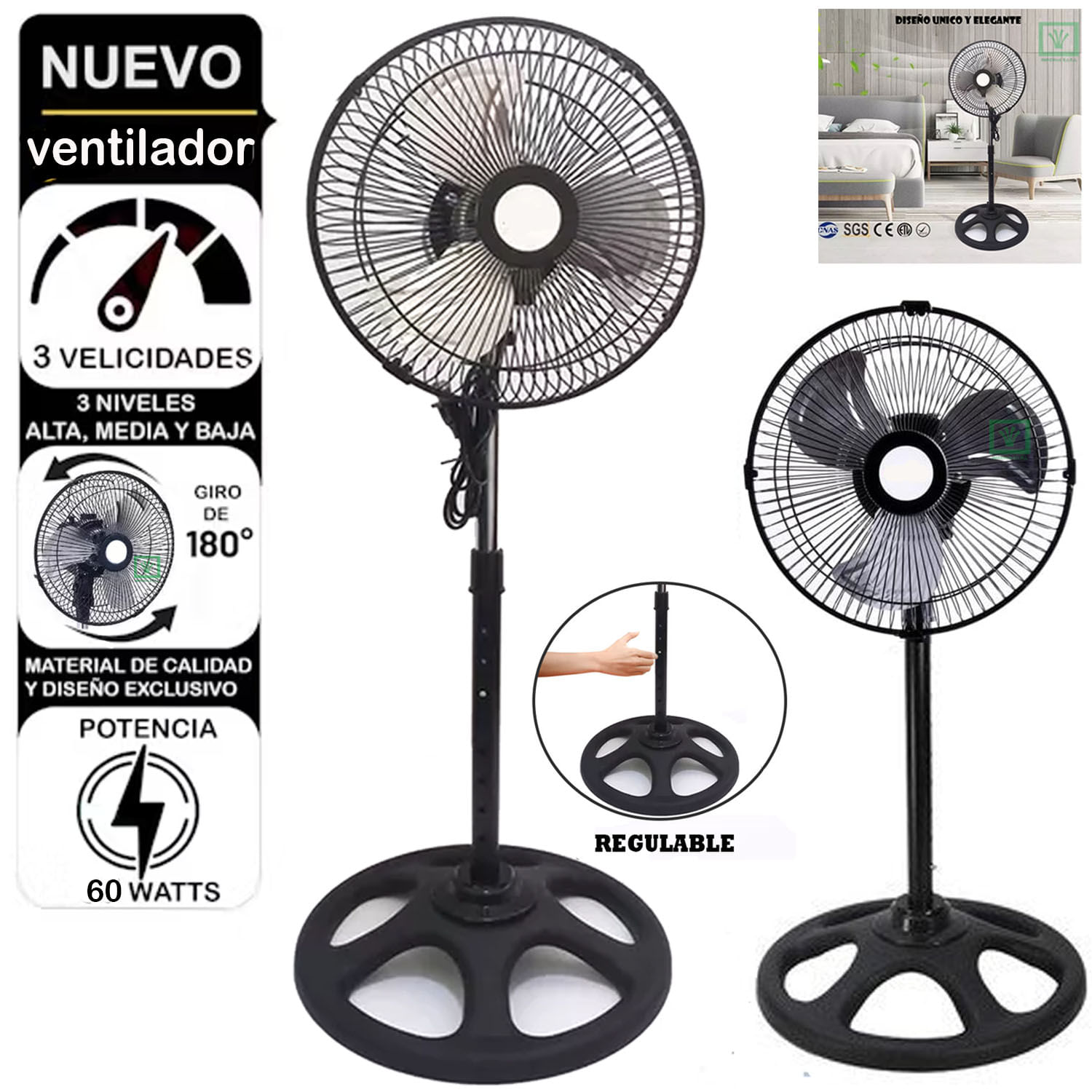 Ventilador Pedestal de 10 pulg. Negro 60 Watts