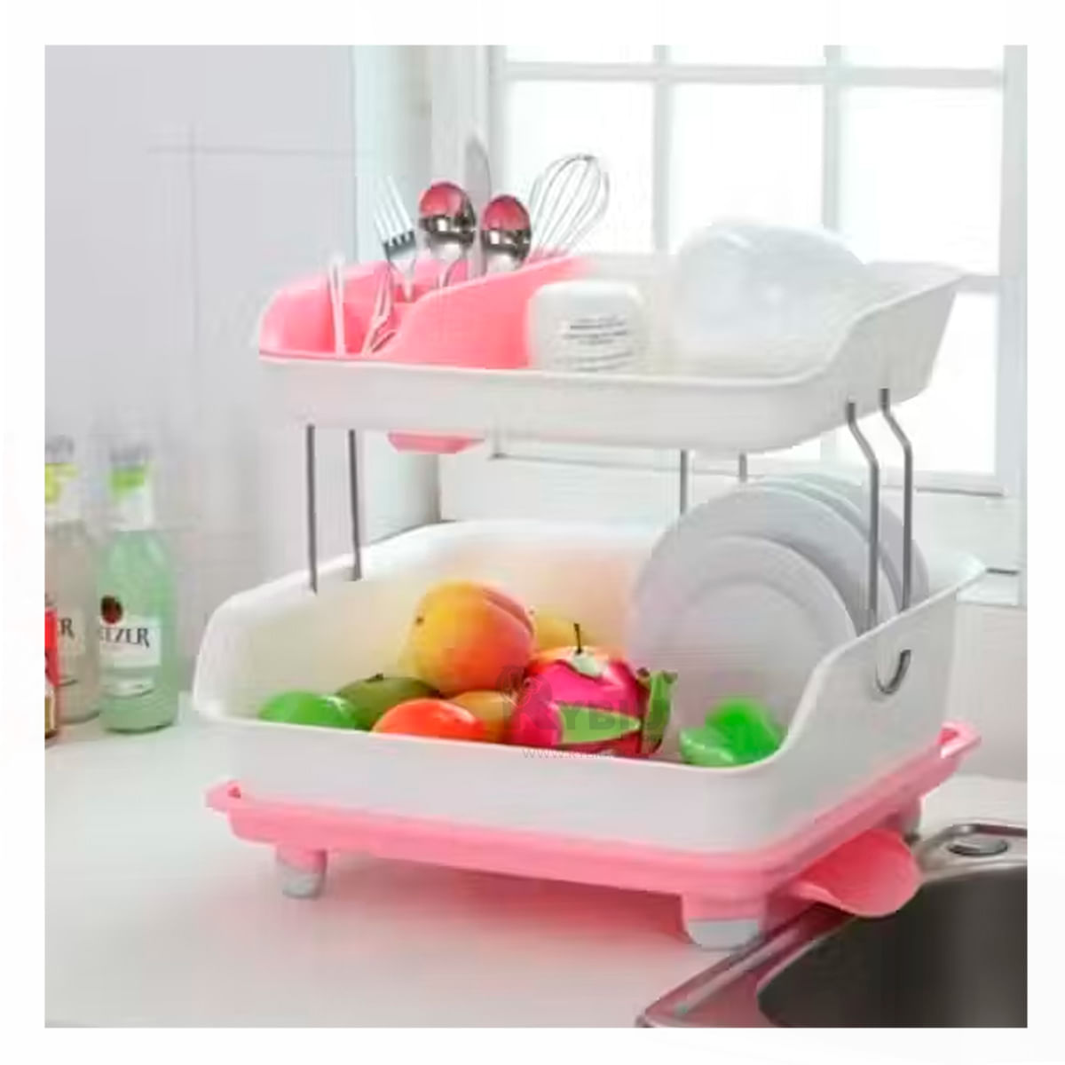 Escurridor de Platos con Dos Niveles en Rosado