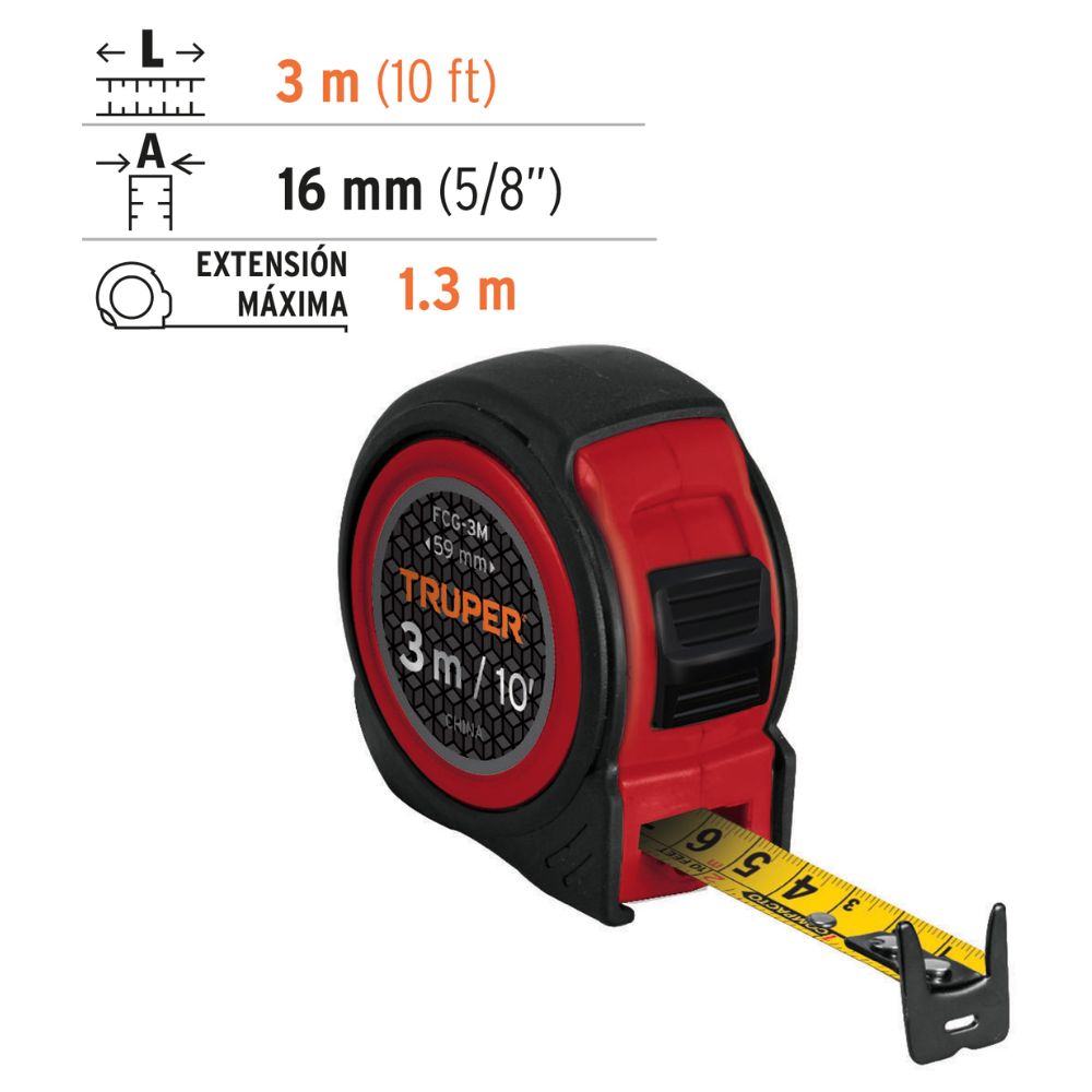 Wincha 3m cinta métrica Flexómetro compacto contra impactos Truper ...